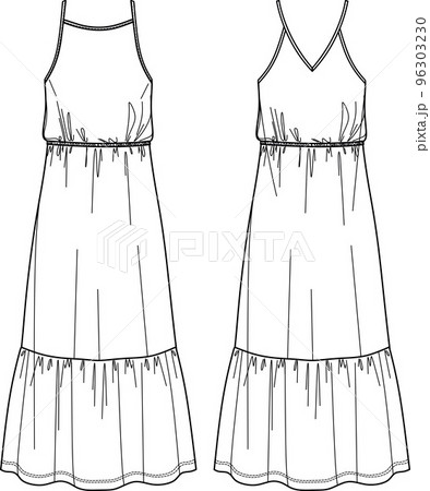 Vector Maxi Dress With Shoulder Straps Technical Drawing Woman Wrap Dress  With Side Slits And Frill Fashion Cad Sketch Template Flat Jersey Or Woven  Fabric Dress With Front Back Viewwhite Color Stock
