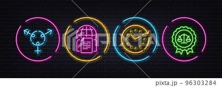 Time change, Internet documents and Genders minimal line icons. Neon laser 3d lights. Justice scales icons. For web, application, printing. Clock, Web page, Inclusion. Judgement medal. Vector 96303284