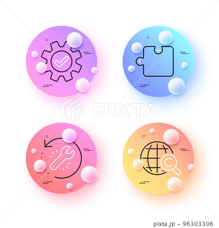 Puzzle, International Сopyright and Service minimal line icons. 3d spheres or balls buttons. Recovery tool icons. For web, application, printing. Vector Puzzle, International Сopyright and Service minimal line icons. 3d spheres or balls buttons. Recovery tool icons. For web, application, printing. Vector 96303306
