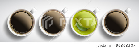 Cup of green herbal tea among cups of coffee. 96303307