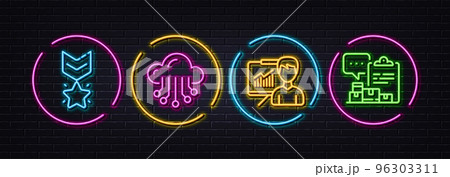 Cloud storage, Winner medal and Presentation minimal line icons. Neon laser 3d lights. Inventory report icons. For web, application, printing. Data service, Ranking star, Education board. Vector 96303311