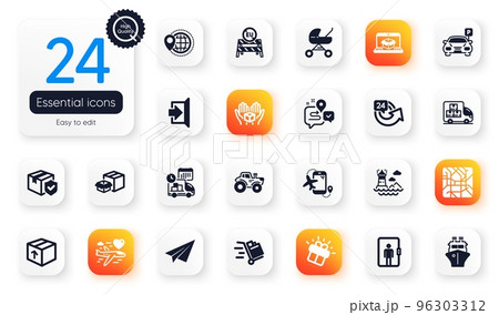Set of Transportation flat icons. Online delivery, Lighthouse and Parcel insurance elements for web application. Exit, Paper plane, Tractor icons. Parking, Packing boxes. Vector Set of Transportation flat icons. Online delivery, Lighthouse and Parcel insurance elements for web application. Exit, Paper plane, Tractor icons. Parking, Packing boxes. Vector 96303312