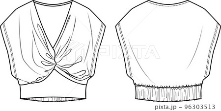 Vector sleeveless T-Shirt fashion CAD, woman V-neck summer crop top with knot detail technical drawing, template, sketch, flat. Jersey or woven fabric blouse with front, back view, white color Vector sleeveless T-Shirt fashion CAD, woman V-neck summer crop top with knot detail technical drawing, template, sketch, flat. Jersey or woven fabric blouse with front, back view, white color 96303513