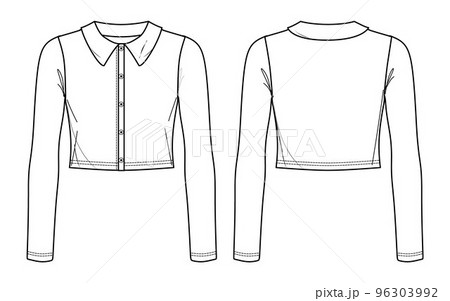Vector woman cropped t-shirt fashion CAD, women long sleeved slim fit blouse sketch, women cardigan with collars technical drawing, sketch, flat. Jersey blouse with front, back view, white color Vector woman cropped t-shirt fashion CAD, women long sleeved slim fit blouse sketch, women cardigan with collars technical drawing, sketch, flat. Jersey blouse with front, back view, white color 96303992