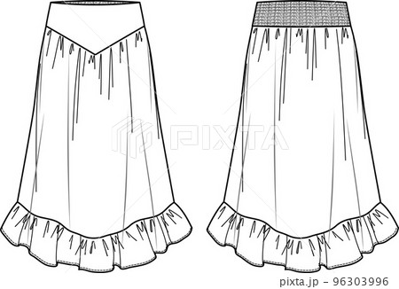 Vector bohemian style woman skirt fashion CAD, long woman skirt with elasticized waistband technical drawing, sketch, template, flat. Jersey or woven fabric maxi skirt with front, back view, white col Vector bohemian style woman skirt fashion CAD, long woman skirt with elasticized waistband technical drawing, sketch, template, flat. Jersey or woven fabric maxi skirt with front, back view, white col 96303996