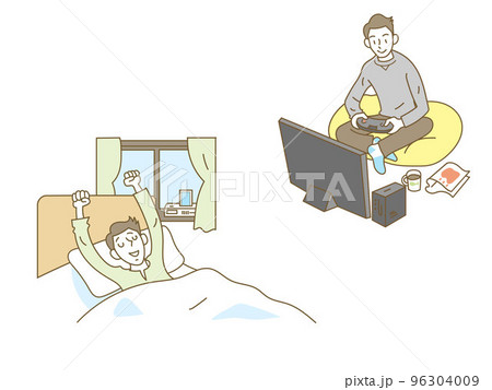 自室でくつろぐ若い男性のイラストセット 自室でくつろぐ若い男性のイラストセット 96304009