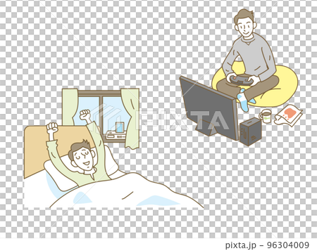 自室でくつろぐ若い男性のイラストセット 自室でくつろぐ若い男性のイラストセット 96304009