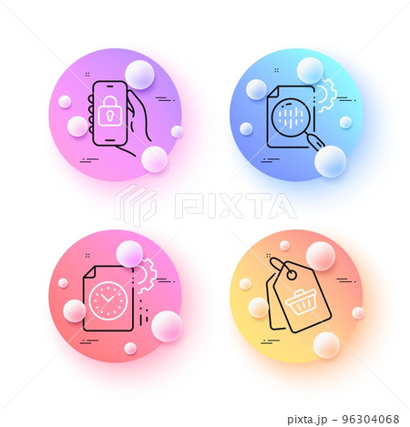 Seo stats, Sale tag and Locked app minimal line icons. 3d spheres or balls buttons. Project deadline icons. For web, application, printing. Cogwheel, Shopping cart, Smartphone lock. Vector 96304068