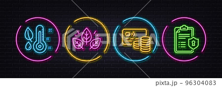 Card, Thermometer and Organic tested minimal line icons. Neon laser 3d lights. Privacy policy icons. For web, application, printing. Bank payment, Grow plant, Bio ingredients. Checklist. Vector Card, Thermometer and Organic tested minimal line icons. Neon laser 3d lights. Privacy policy icons. For web, application, printing. Bank payment, Grow plant, Bio ingredients. Checklist. Vector 96304083
