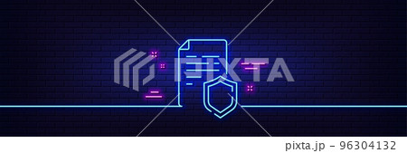 Neon light glow effect. Data security line icon. Privacy document sign. Defense shield symbol. 3d line neon glow icon. Brick wall banner. Data security outline. Vector 96304132