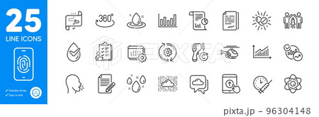 Outline icons set. Fuel energy, Graph and Vaccination schedule icons. Dermatologically tested, Statistics, Partnership web elements. Cogwheel, Checklist, Document signature signs. Vector 96304148