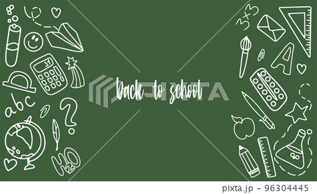 Doodle. Hand-drawn school supplies on a green background. Back to school. Vector illustration 96304445