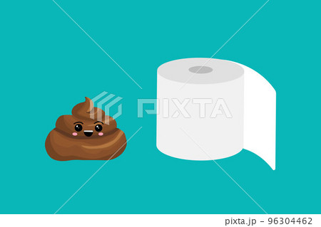 Roll of toilet paper and pile of dog poop in flat cartoon style. Funny excrement art. 96304462