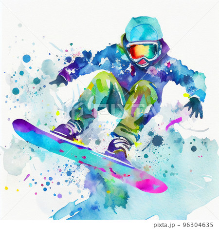 Jumping snowboarder. Watercolor illustration of a kid on a snowboard. Snowboarding 96304635