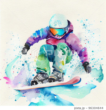 Jumping snowboarder. Watercolor illustration of a kid on a snowboard. Snowboarding 96304644