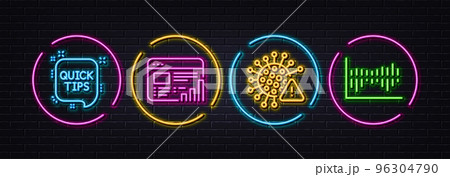 Quick tips, Web report and Covid virus minimal line icons. Neon laser 3d lights. Column diagram icons. For web, application, printing. Helpful tricks, Graph chart, Coronavirus alert. Vector 96304790