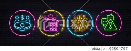 Fireworks explosion, Meeting and Shopping bags minimal line icons. Neon laser 3d lights. Warning icons. For web, application, printing. Vector 96304797