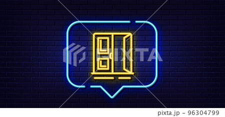 Neon light speech bubble. Open door line icon. Entrance doorway sign. Building exit symbol. Neon light background. Open door glow line. Brick wall banner. Vector Neon light speech bubble. Open door line icon. Entrance doorway sign. Building exit symbol. Neon light background. Open door glow line. Brick wall banner. Vector 96304799