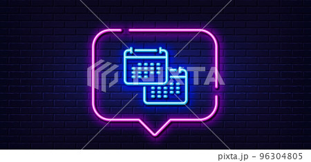 Neon light speech bubble. Calendar line icon. Annual planner sign. Change event schedule symbol. Neon light background. Calendar glow line. Brick wall banner. Vector Neon light speech bubble. Calendar line icon. Annual planner sign. Change event schedule symbol. Neon light background. Calendar glow line. Brick wall banner. Vector 96304805