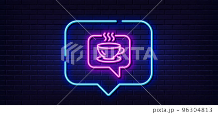 Neon light speech bubble. Hot coffee line icon. Tea drink sign. Cafe symbol. Neon light background. Coffee glow line. Brick wall banner. Vector 96304813