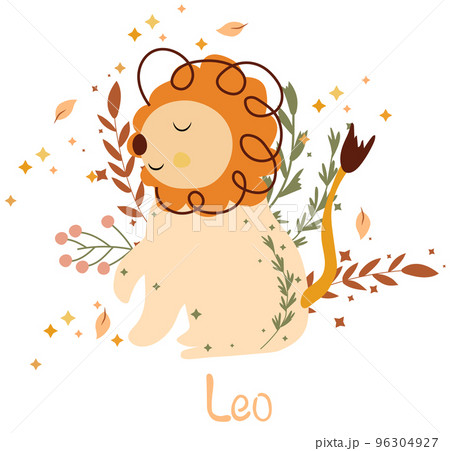 Leo Zodiac sign with colorful leaves and stars around. Cute Leo perfect for posters, logo, cards. Astrological Leo zodiac. Vector illustration 96304927