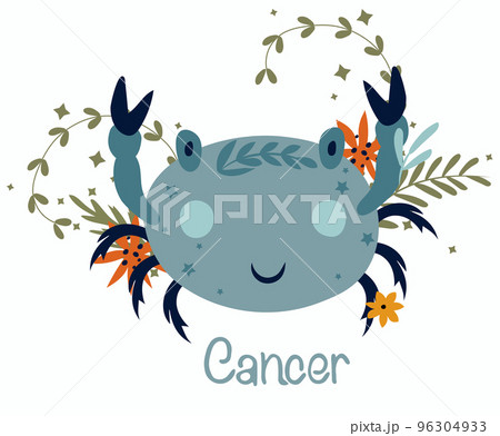 Cancer. Cute Zodiac sign with colorful leaves, flowers and stars around. Cute Cancer perfect for posters, logo, cards. Astrological Cancer zodiac. Vector illustration 96304933