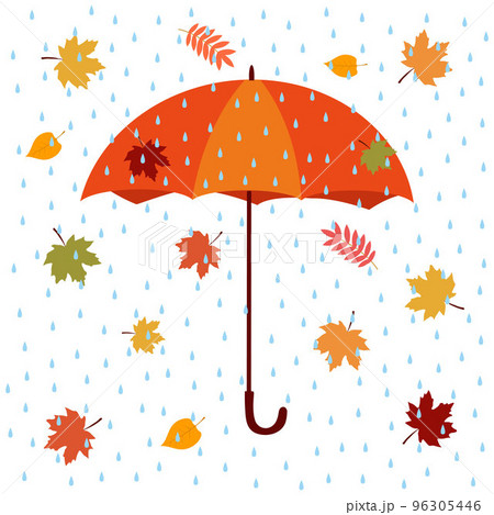 Umbrella and falling colorful autumn maple leaves and blue raindrops. Vector illustration isolated on white background Umbrella and falling colorful autumn maple leaves and blue raindrops. Vector illustration isolated on white background 96305446