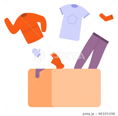 Clothes falling in cardboard box. Packing things for moving or storage Clothes falling in cardboard box. Packing things for moving or storage 96305496