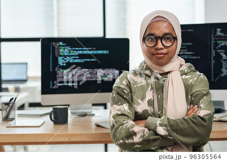 Young confident female IT engineer in hijab looking at camera while sitting by workplace against computer screens with coded data Young confident female IT engineer in hijab looking at camera while sitting by workplace against computer screens with coded data 96305564