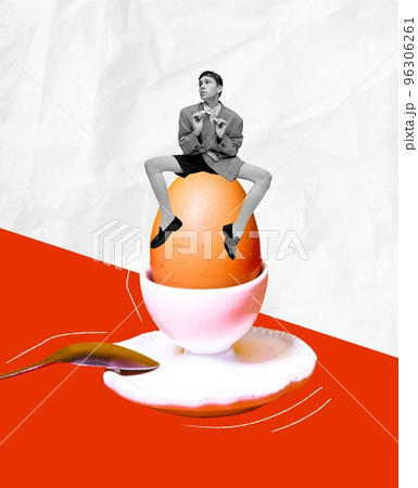 Food pop art photography. Contemporary art collage. Stylish young boy sitting on boiled egg. Popular breakfast. Surreal design 96306261