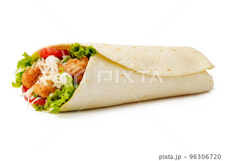 Tortilla wrap with fried chicken meat and vegetables isolated on white background 96306720