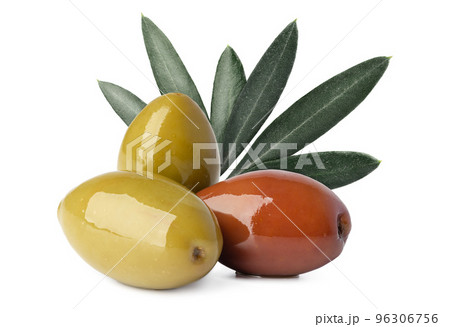 Close up of olives with olive leaves isolated on white 96306756