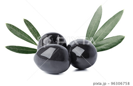 Close up of olives with olive leaves isolated on white 96306758