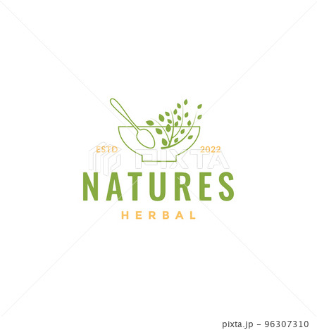 bowl with leaves herbal medicine logo designのイラスト素材 [96307310] - PIXTA
