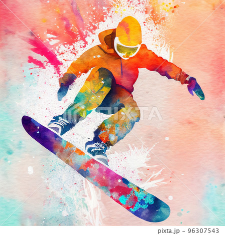 Jumping snowboarder. Watercolor illustration of a woman on a snowboard. Snowboarding 96307543