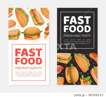 Fast food restaurant or cafe menu, flyer, promotional leaflet, page cover. Sandwich, burgers, pizza, taco and hot dog cartoon vector Fast food restaurant or cafe menu, flyer, promotional leaflet, page cover. Sandwich, burgers, pizza, taco and hot dog cartoon vector 96308333