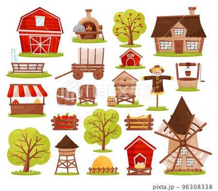 Set of farm objects set. Red barn, farmhouse, scarecrow, well, wooden market counter, fruit tree cartoon vector 96308338