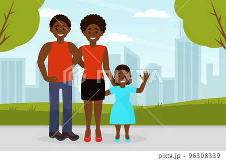 Happy African American family walking outdoors. Mom, dad and their daughter having good time in park cartoon vector Happy African American family walking outdoors. Mom, dad and their daughter having good time in park cartoon vector 96308339