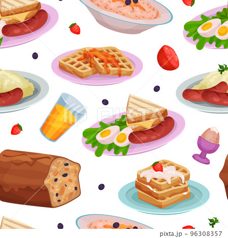 Tasty dishes for breakfast seamless pattern. English breakfast meal repeating print for wallpaper, wrapping paper, textile, package design cartoon vector Tasty dishes for breakfast seamless pattern. English breakfast meal repeating print for wallpaper, wrapping paper, textile, package design cartoon vector 96308357