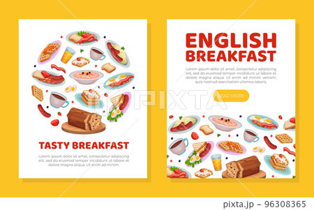 English breakfast web banner and card. Traditional tasty dishes for breakfast landing page, promotional leaflet cartoon vector 96308365