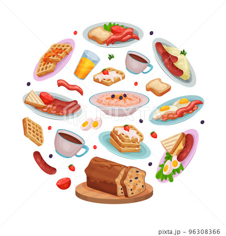 Tasty dishes for English breakfast of circular shape. Traditional breakfast meal backdrop, packaging, banner, poster desgn cartoon vector 96308366