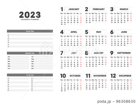 23年の12ヶ月 1年分のカレンダーと年間計画 月間計画 Todoリストのプランナーセットのイラスト素材