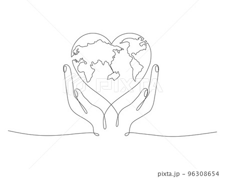 Human hands holding Earth globe continuous line art drawing. 96308654