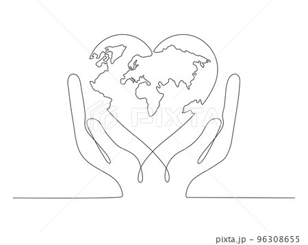 Human hands holding Earth globe continuous line art drawing. 96308655