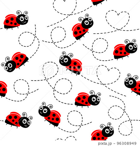 Ladybugs flying on dotted route seamless pattern. 96308949