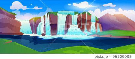 Jungle forest cartoon landscape with waterfall 96309002