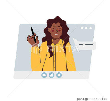 Virtual remote work. Window with a girl office colleague. Online remote video conference call. . Vector illustration is flat isolated on a white background. 96309140