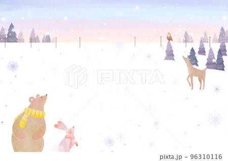 雪の結晶の降る北欧風森の動物のおしゃれな冬の美しい景色ベクター白バックフレームイラスト素材 96310116