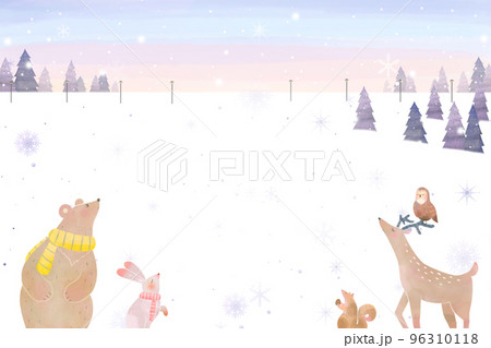 雪の結晶の降る北欧風森の動物のおしゃれな冬の美しい景色イラスト背景ー素材 96310118