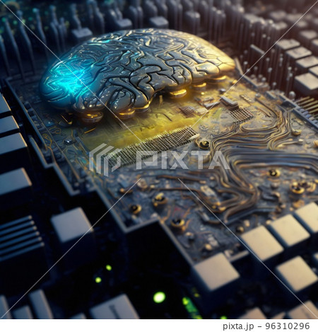 The motherboard of an advanced computer with a processor in the shape of a human brain. A machine learning machine using an artificial intelligence algorithm. SCFI concept. Future technology. 96310296